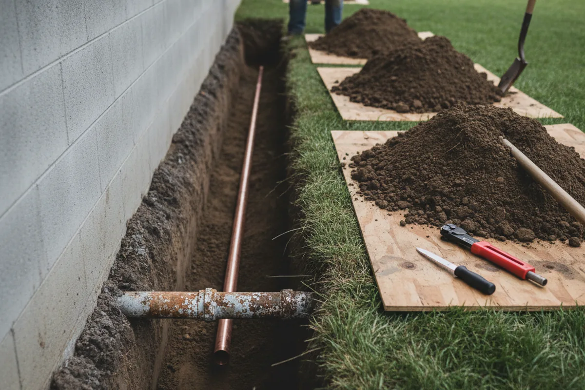 Excavated water line trench during Water Softener Installation in Hanna City